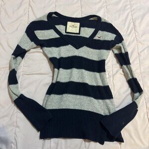 Hollister V-Neck Sweater - Dark Blue and Light Gray Stripes